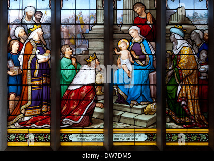 Adoration of the Magi stained glass, St. Stephen`s Church, Redditch, Worcestershire, UK Stock Photo